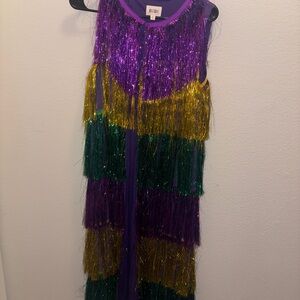 BiBi Mardi Gras Sparkle Fringe Vest - Purple, Gold, Green